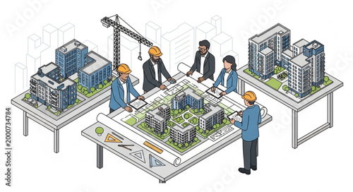Architects collaborate on a building project model with a crane.