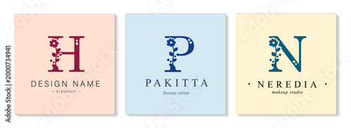 Logo H, P, capital letter N. Monogram of Botanical Minimalistic, Initial. with Organic Plant Elements. chamomile, Dandelion. Vector design.