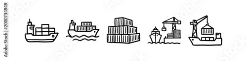 Εκτύπωση καμβά Hand-drawn doodle icons of maritime logistics featuring container ships, cargo port cranes, and shipping containers