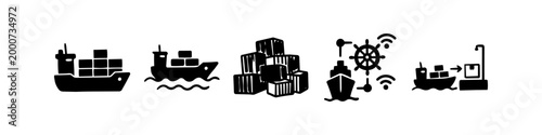 Hand-drawn set of maritime logistics icons featuring container ships, cargo stacks, smart shipping technology, and port operations in a minimalist black and white ink style.