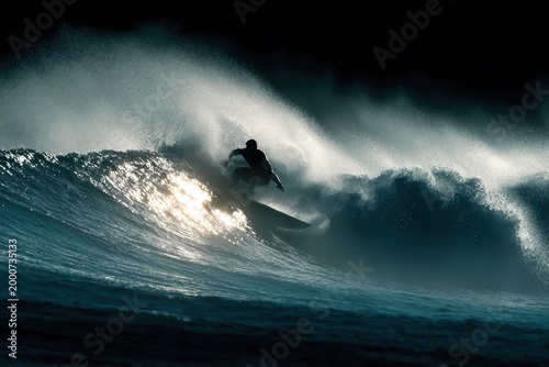 Rider on the Crest: A lone surfer skillfully carves through a colossal wave, demonstrating agility and courage against the formidable ocean.