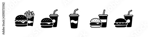 Set of minimalist fast food icons featuring hamburgers, french fries, and soft drinks. Modern black and white vector silhouette illustrations for restaurant menus or digital interfaces.