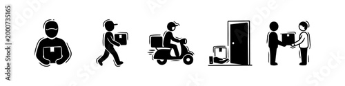 Collection of minimalist black and white icons representing delivery services, featuring a courier on a scooter, walking with packages, doorstep drops, and handing over a box to a customer.