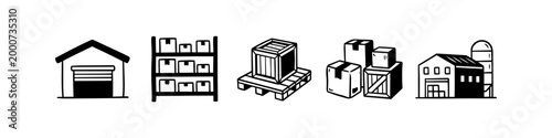 Hand-drawn logistics icon set including warehouses, storage racks, boxes on pallets, and industrial buildings. Perfect for supply chain, shipping, and distribution concepts.