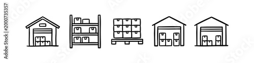 Set of hand-drawn warehouse and logistics icons featuring storage buildings, racks, boxes, and pallets. Simple black and white doodle style for distribution and shipping concepts.