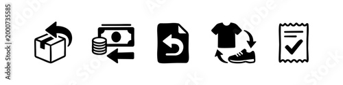 A minimalist set of five black icons representing common e-commerce return steps: parcel return, money-back refund, return policy document, apparel exchange, and confirmed receipt.