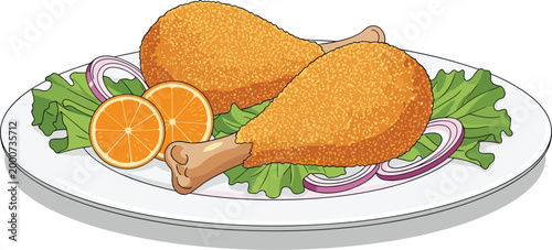 Fried Chicken Drumsticks with Fresh Salad and Orange Slices, Healthy Food Illustration