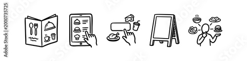Hand-drawn icon set of restaurant menu options and food ordering. Features traditional menus, digital tablet interfaces, chalkboard signs, and a person deciding on various meal choices.
