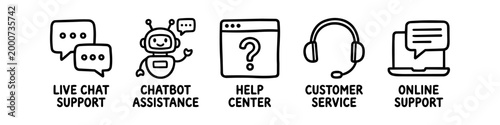 Doodle-style icons for customer support services like live chat, chatbot, help center, and online assistance. Hand-drawn black line art icons set for business websites and apps.