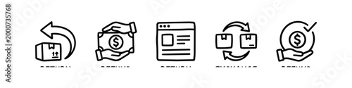 Hand-drawn doodle icon set for e-commerce returns, refunds, and product exchanges. Includes box returns, cash back, online forms, and delivery swaps.