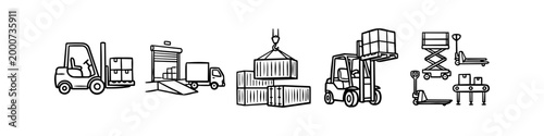 Set of hand-drawn warehouse and logistics icons featuring forklifts, delivery trucks, shipping containers, and pallet jacks. Perfect for supply chain and distribution concepts.