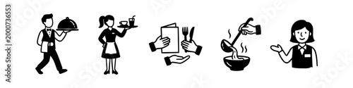 Set of restaurant service icons featuring waiters, waitresses, a menu, cutlery, and soup service. Minimalist black and white illustrations for hospitality and dining concepts.