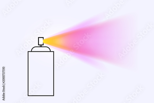 Minimalist vector outline of an aerosol spray can with colorful, blurry gradient mist representing paint, perfume or disinfectant spray.