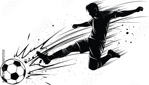 Dynamic sketch of a soccer player kicking the ball isolated on transparent background illustrating action and energy