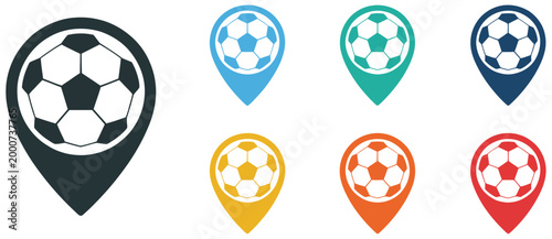 Soccer icon set, football concept symbols, map location markers and stadium icons, sports match illustration, clean vector design elements for mobile apps, sports websites, and event tracking systems.