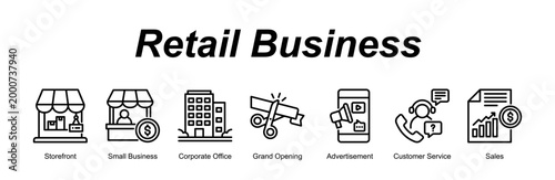 Retail Business web banner icon vector illustration concept for with icon of Storefront, Small Business, Corporate Office, Grand Opening, Advertisement, Customer S.