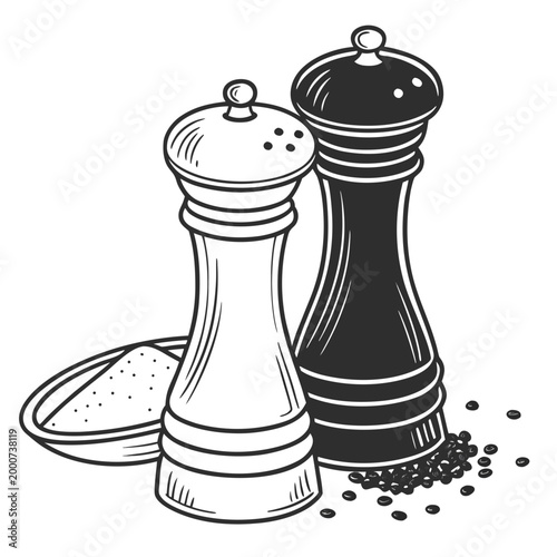 Tableau sur toile Salt and pepper grinders with a bowl of ground spices and peppercorns, seasoning
