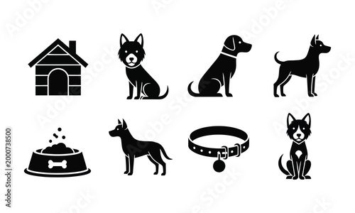 Dog icons silhouette set house collar food bowl and various dog breeds