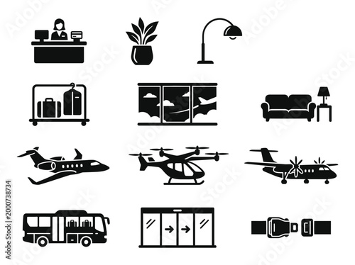 Airline Cabin Travel Gear And Airfield Silhouette Icons