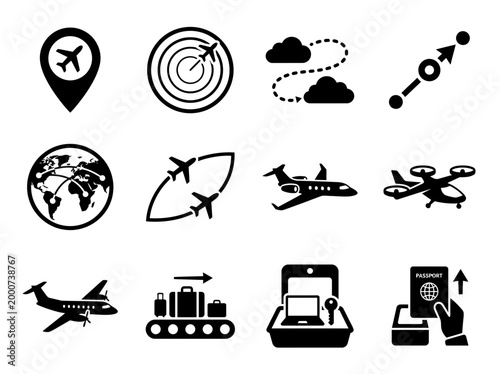 Aviation Maintenance And Boarding Silhouette Icon Set