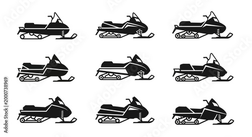 Set of Snowmobile Icons: Black Silhouettes on White Background