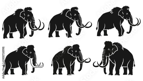 Six Black Mammoth Icons on White Background