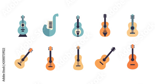 Collection of various musical instruments including guitars and a saxophone