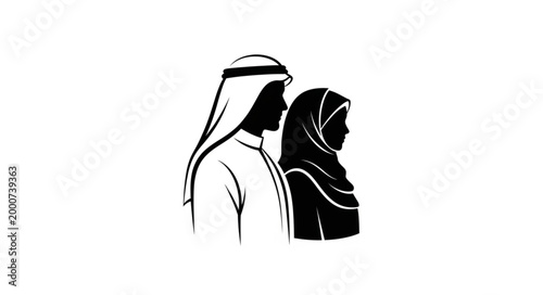 Silhouette of a man and woman in traditional attire, side view.