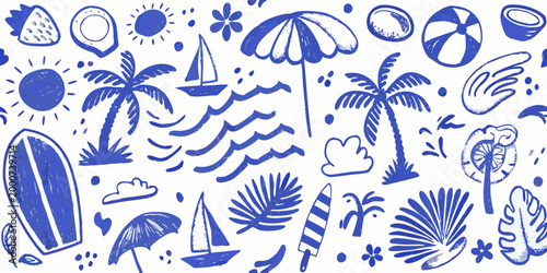 beach icons pattern in blue line art style on white background high quality professional detailed
