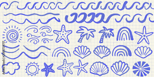hand drawn ocean and summer icons in blue on grid paper high quality professional detailed