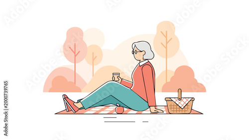 Senior Woman Enjoying Picnic in Park, Relaxing Outdoors, Autumn Leisure