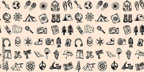 travel icons set in black and white line art style on beige background high quality