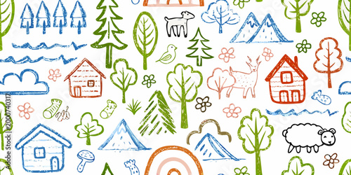 childlike rural life pattern with colorful houses trees animals and flowers high quality professional detailed