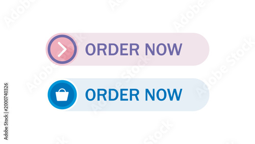 Two Order Now buttons for e-commerce use. The pink button features a forward arrow icon, while the blue one shows a shopping bag icon. ideal for driving purchases on digital platforms.