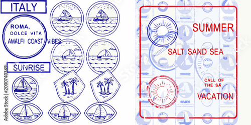 travel stamps featuring italian summer scenes with sailboats and palm trees high quality professional detailed