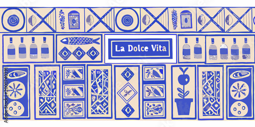 italian culinary culture illustration with blue and beige patterns high quality professional detailed modern elegant