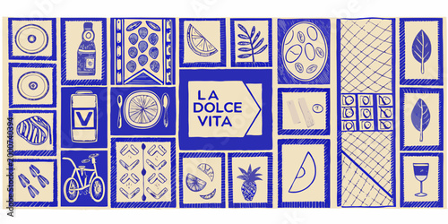 illustration of italian culinary and leisure culture with blue and beige elements high quality professional