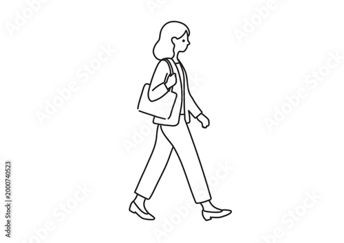 通勤する女性の全身モノクロイラスト 外出 ビジネス キャリア ベクター