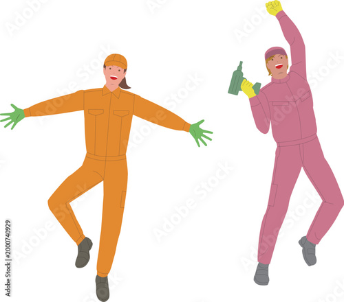 ツナギの作業服を着て働く男性と女性。元気で働くイメージのイラスト。