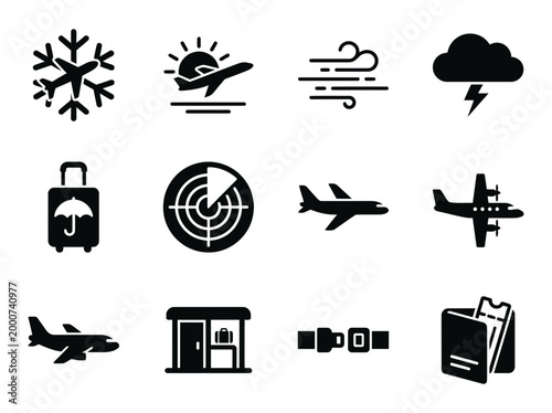 Cabin communication and air travel icon set