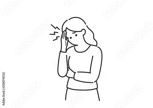 頭痛やストレスで体調不良の女性のモノクロイラスト 悩み 疲れ 挿絵 ベクター