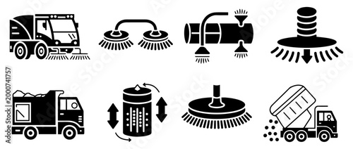 street sweeper cleaning vehicle icon set