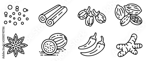 spice line icon set cooking ingredients