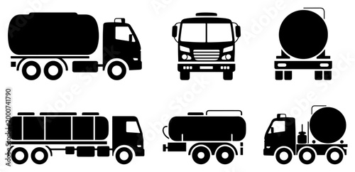 fuel tanker truck views silhouette icon set