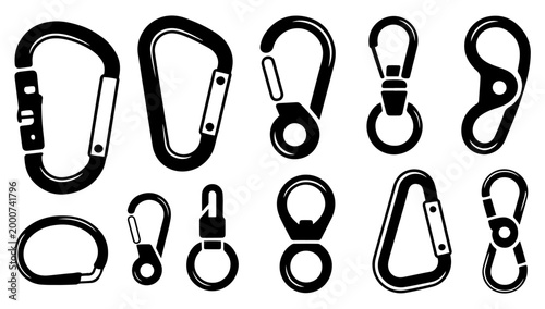 metal carabiner clip icon set