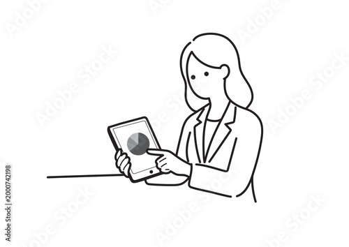 タブレットで円グラフを分析する女性のモノクロイラスト 統計 画面 ベクター