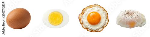 Collection of Eggs: Whole Raw, Halved Boiled, Fried Sunny-Side Up, and Poached Egg on White Background - Healthy Food & Breakfast Ingredients