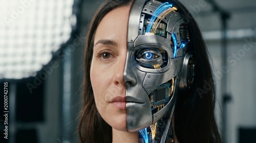 Cyborg woman with robotic face half mechanical and half human looking forward