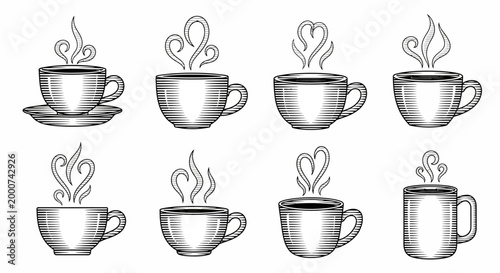 eight vintage style hot coffee cups and mugs with steaming aroma, engraved line art illustration, isolated on white background