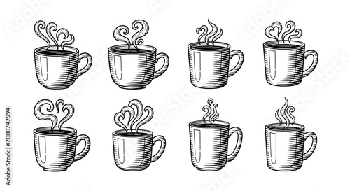 Vintage hand drawn coffee cup sketches with heart shaped steam. Engraved style vector illustration of hot beverage mugs with artistic smoke swirls on white.